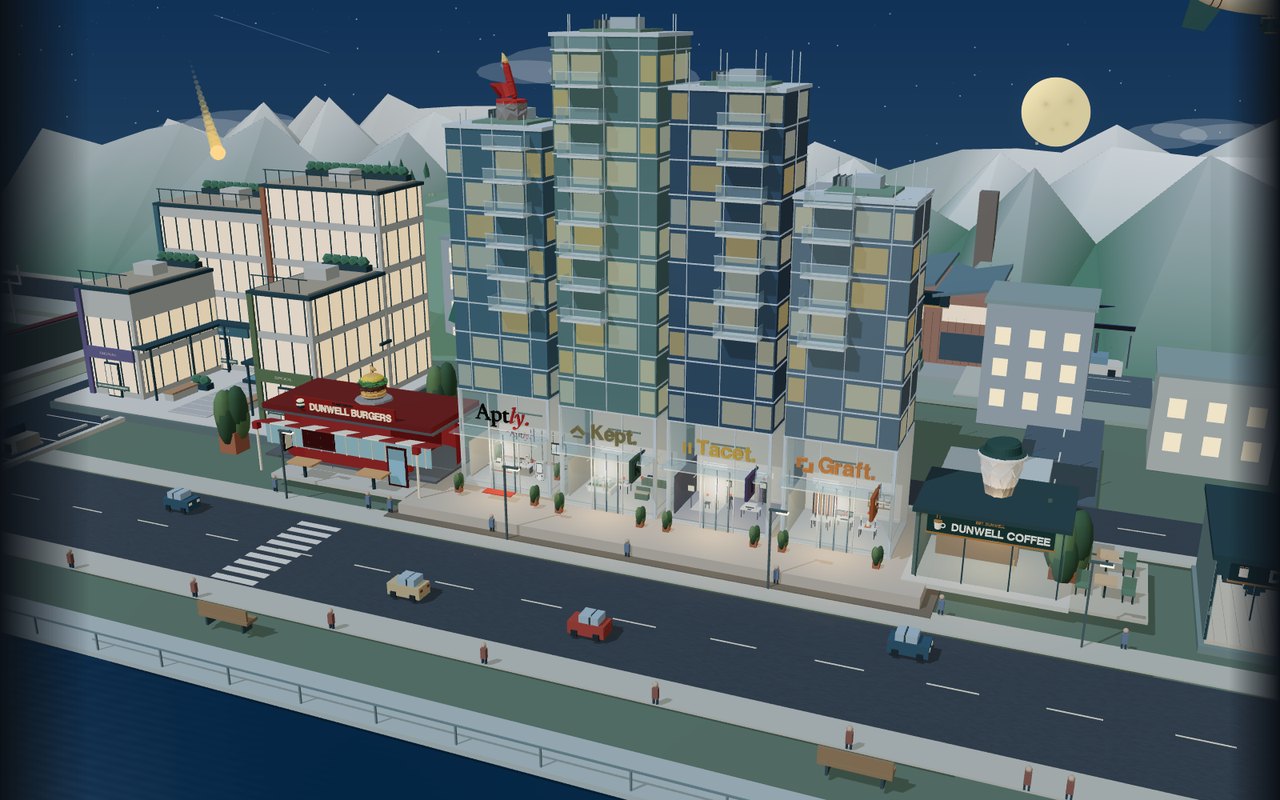 The Dunwell District — an isometric 3D city built for the Dunwell portfolio